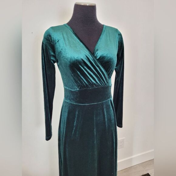 Emerald Green Velvet Maxi Dress Empire Waist Babydoll Regency Renfaire Small - Picture 2 of 9